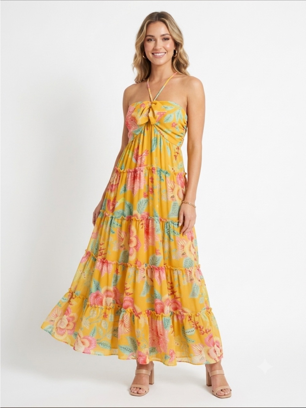 Yellow Floral Halter Tiered Midi Dress M/L Boho Resort Vacation Sundress